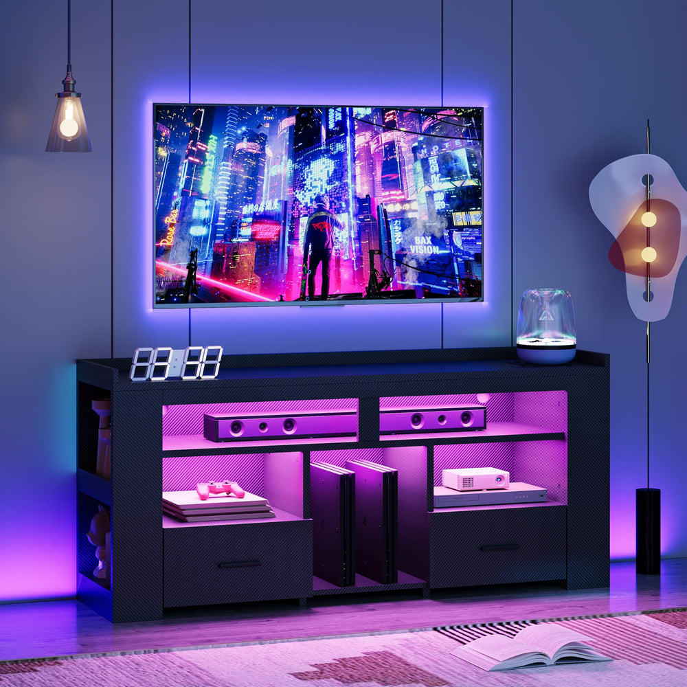 TV Stand with Drawers, LED Lights & Charging Station for 50–70 Inch TVs