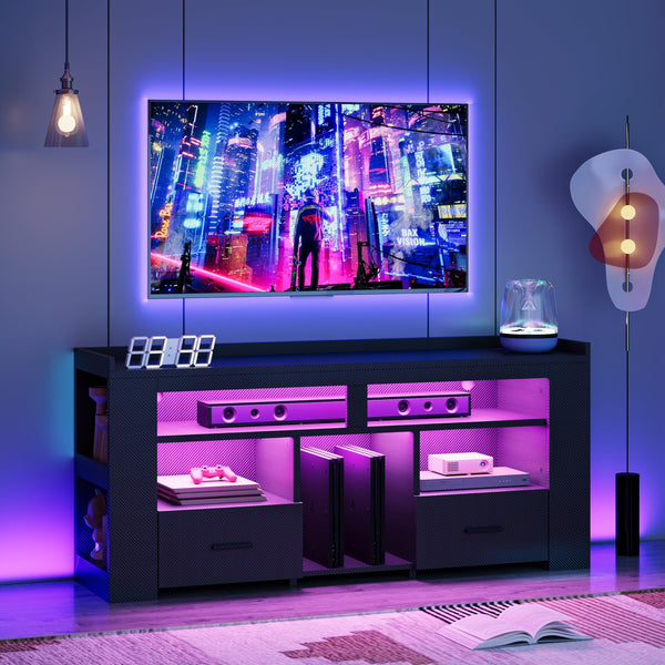 TV Stand with Drawers, LED Lights & Charging Station for 50–70 Inch TVs