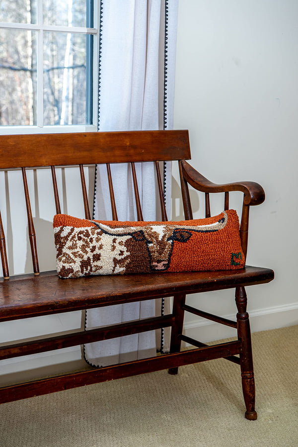 Hand-Hooked Wool Longhorn Throw Pillow 8x24 – Burnt Orange