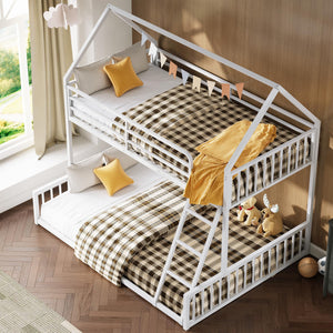 Twin Over Full House Bunk Bed – Metal Frame with Ladder & Guardrail