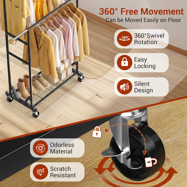 Rolling Garment Rack with Double Rod, Lockable Casters & Mesh Shelf