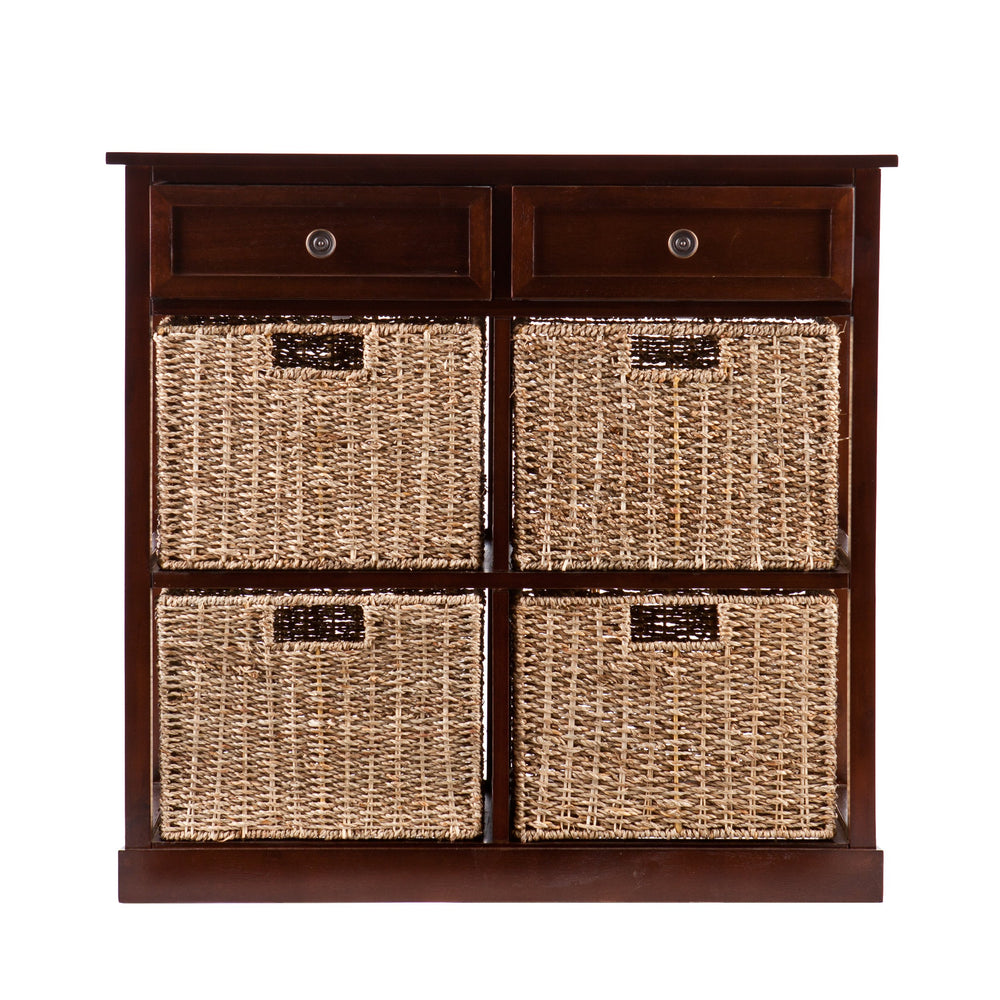 4-Basket Storage Chest with Drawers – Mahogany & Seagrass