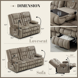 3-Seater Manual Recliner Sofa with Hidden Storage