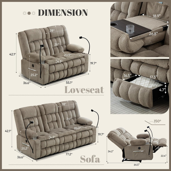 3-Seater Manual Recliner Sofa with Hidden Storage