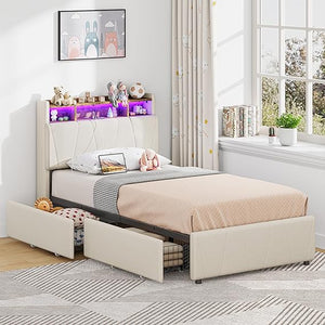 Twin Bed Frame with Storage Drawers, Charging Station & LED Lights