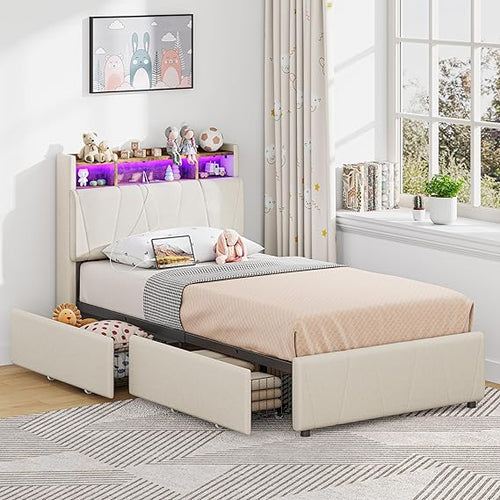 Twin Bed Frame with Storage Drawers, Charging Station & LED Lights