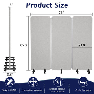 3-Panel Foldable Room Divider with Wheels, 71"W x 66"H