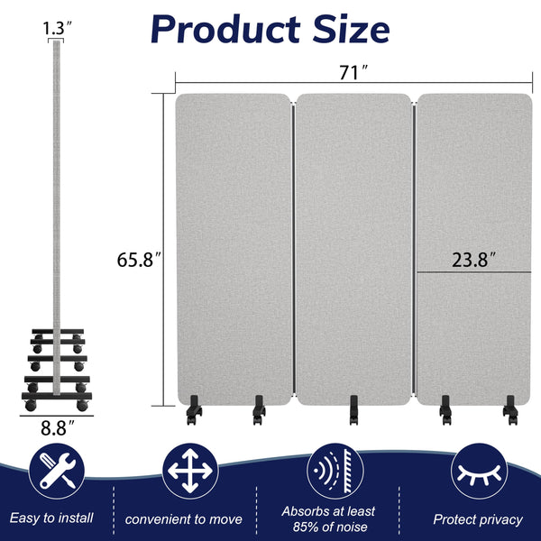 3-Panel Foldable Room Divider with Wheels, 71"W x 66"H