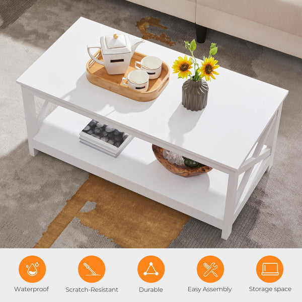 2-Tier Coffee Table with Storage Shelf and X-Design Legs