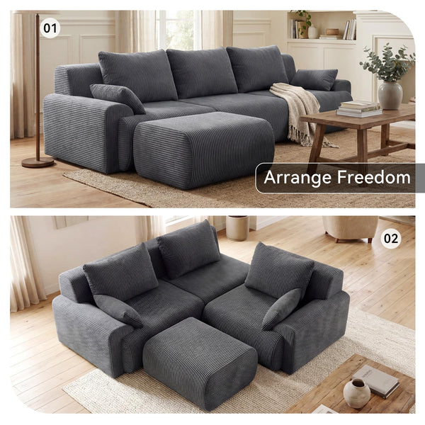 118" L-Shape Modular Cloud Sectional Sofa with Ottoman