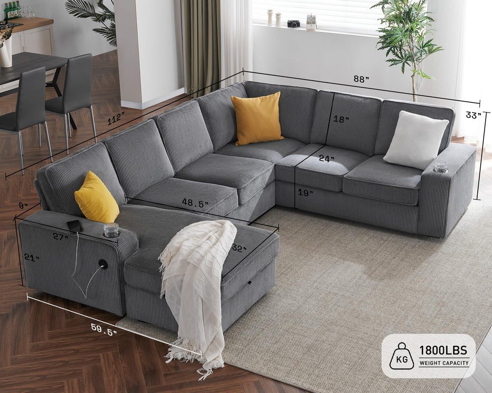 U-Shaped Sectional Sofa with Storage Chaise & Charging Ports