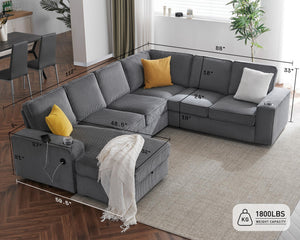 U-Shaped Sectional Sofa with Storage Chaise & Charging Ports