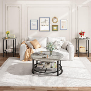 Round Coffee Table and End Table Set of 3 with Storage