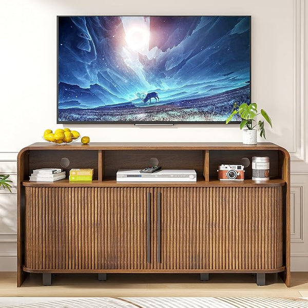 Fluted TV Stand with Sliding Doors & Adjustable Shelves