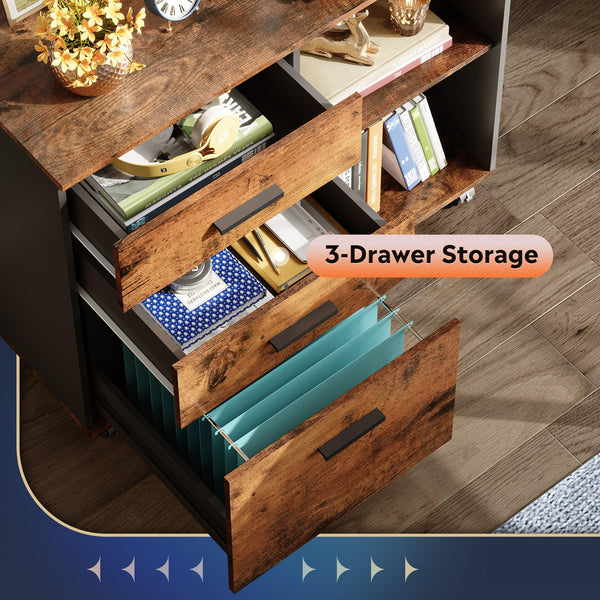 3-Drawer Mobile File Cabinet with Open Shelves