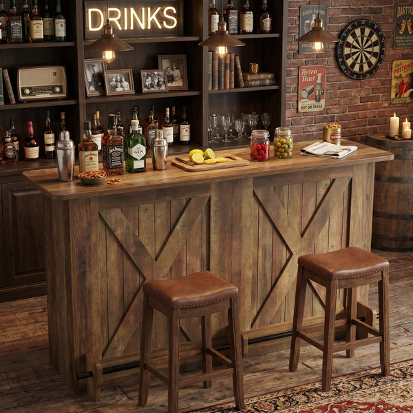 Farmhouse Bar Table with Storage Shelves & Footrest
