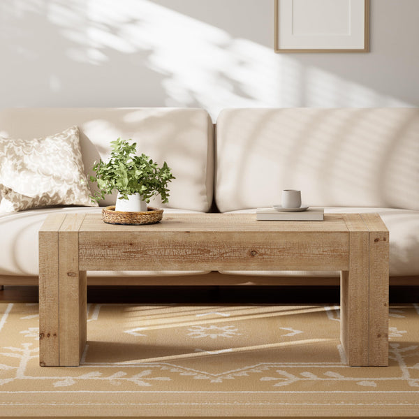 Rustic Wood Coffee Table with Thick Legs & Burl Finish