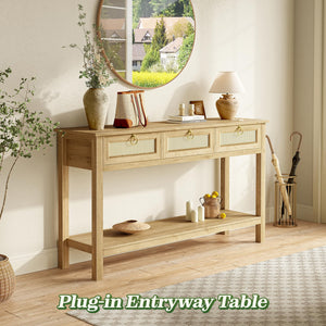 Rattan Console Table with Charging Station & 3 Drawers