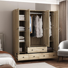4-Door Rattan Wardrobe Armoire with Drawers