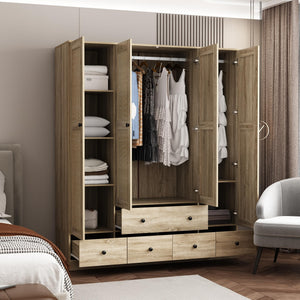 4-Door Rattan Wardrobe Armoire with Drawers