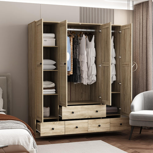 4-Door Rattan Wardrobe Armoire with Drawers
