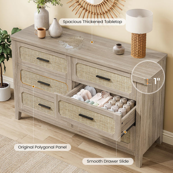 Rattan 6-Drawer Dresser | 48" Wide Boho Chest of Drawers