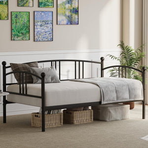 GarveeHome Daybed with Trundle, Sturdy Metal Day Bed with Steel Slat Support, Trundle Bed Twin with Arched Headboard, SofaBed for Living Room, Bedroom and Guest Room, Black