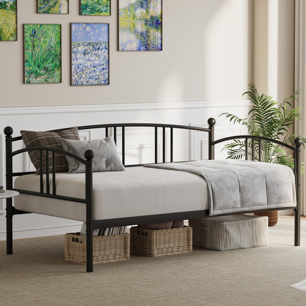 GarveeHome Daybed with Trundle, Sturdy Metal Day Bed with Steel Slat Support, Trundle Bed Twin with Arched Headboard, SofaBed for Living Room, Bedroom and Guest Room, Black