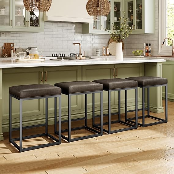 Counter Height Bar Stools with Faux Leather Cushion & Footrest
