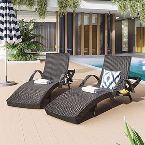 Outdoor Reclining Chaise Lounge Set of 2 with Pull-Out Side Table