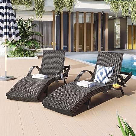 Outdoor Reclining Chaise Lounge Set of 2 with Pull-Out Side Table