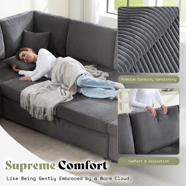 129-Inch Sectional Sofa with Storage Ottoman & Sleeper