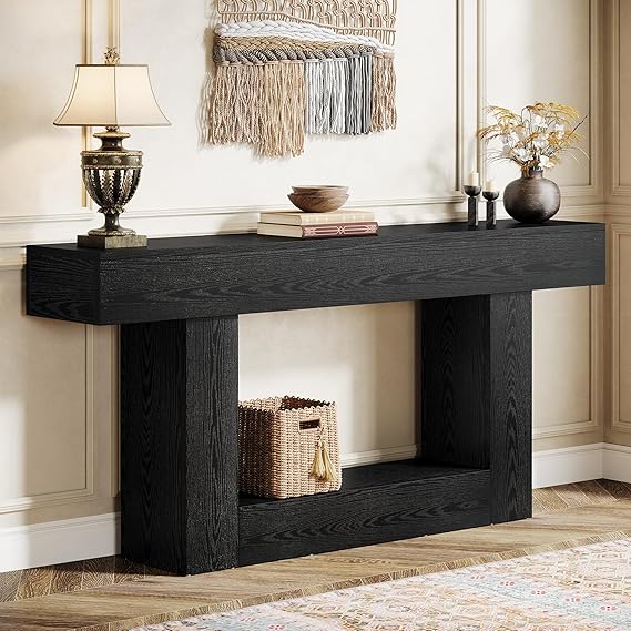 63-Inch Farmhouse Console Table with U-Shaped Base & Lower Shelf