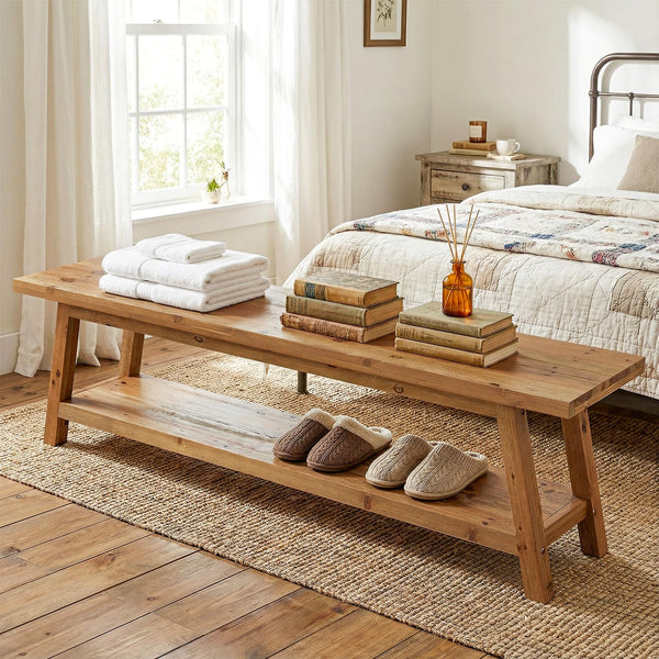 Solid Wood End-of-Bed Bench with Storage Shelf