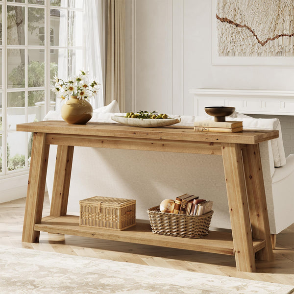 70.9" Solid Wood Console Table with 2-Tier Storage Shelf
