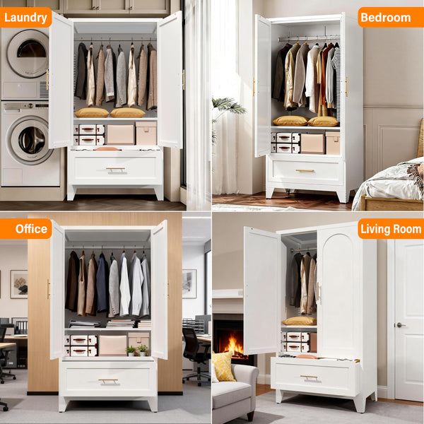 Metal Wardrobe Closet with Hanging Rod & Drawer