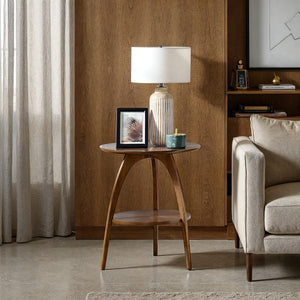 Round Wood End Table with Lower Shelf