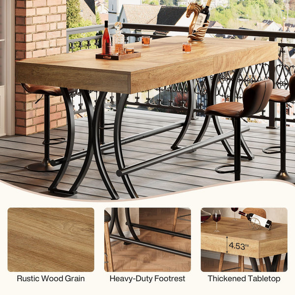 63" Counter Height Bar Table with Metal Footrest — Rustic Brown