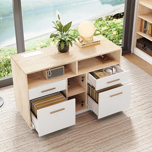 4 Drawer Wood File Cabinet with Lock, Power Strip & Storage Shelves