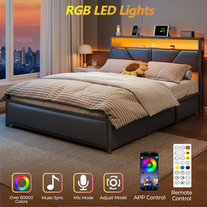 Queen & Full Platform Bed with Storage Headboard, LED Lights & Charging Station