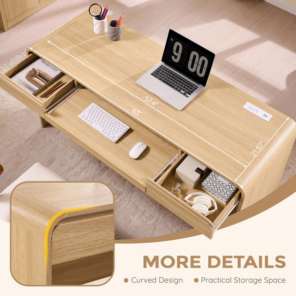 63" Curved Computer Desk with Drawers & Charging Station