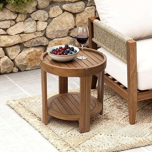 Acacia Wood Outdoor Side Table with Rope Weave