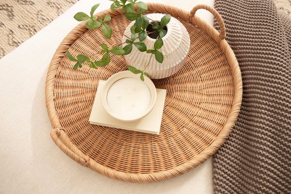 Round Woven Rattan Tray with Handles
