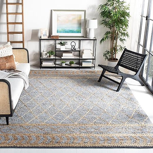 Hand-Woven Jute Area Rug – Natural & Blue Boho Moroccan Trellis