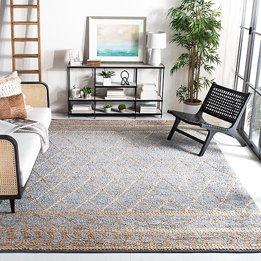 Hand-Woven Jute Area Rug – Natural & Blue Boho Moroccan Trellis
