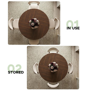 47" Round Dining Table Set for 4 — Walnut & Camel Upholstered Chairs