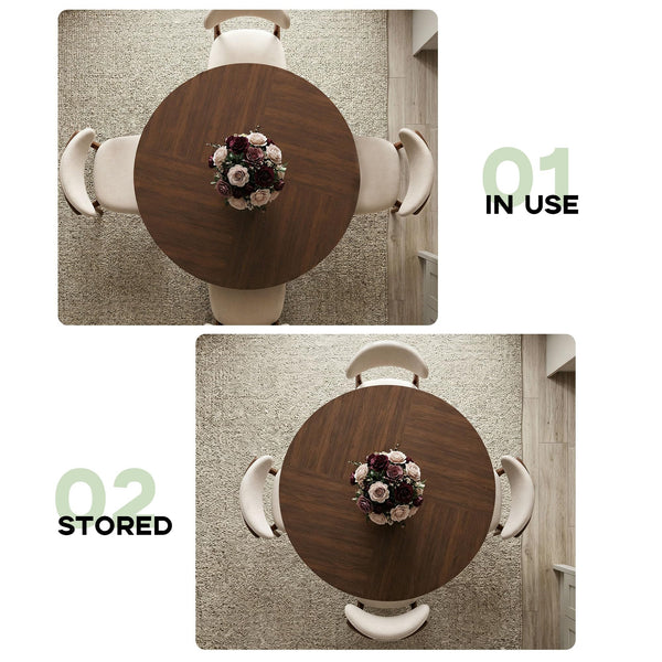 47" Round Dining Table Set for 4 — Walnut & Camel Upholstered Chairs