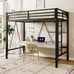 Twin Size Metal Loft Bed with Guardrail & Movable Ladder