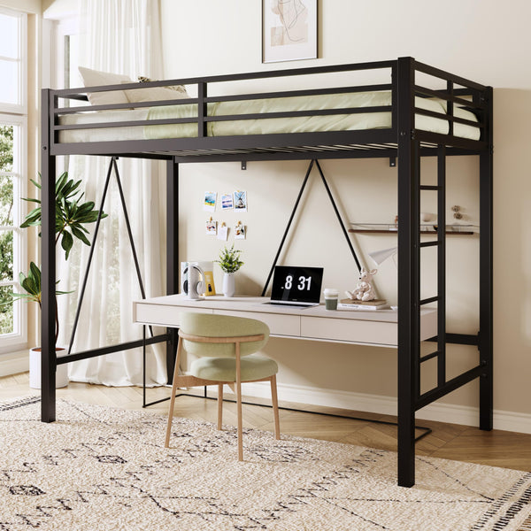Twin Size Metal Loft Bed with Guardrail & Movable Ladder