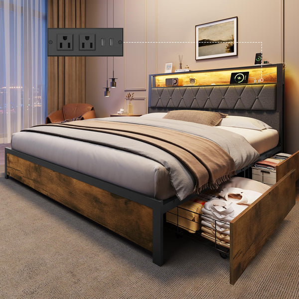 Platform Bed Frame with Storage Drawers & LED Lights